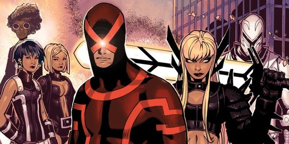 Cyclops, Magik, Magneto, Tempus, Emma Frost, and Triage in Marvel Comics Uncanny X-Men (2013).