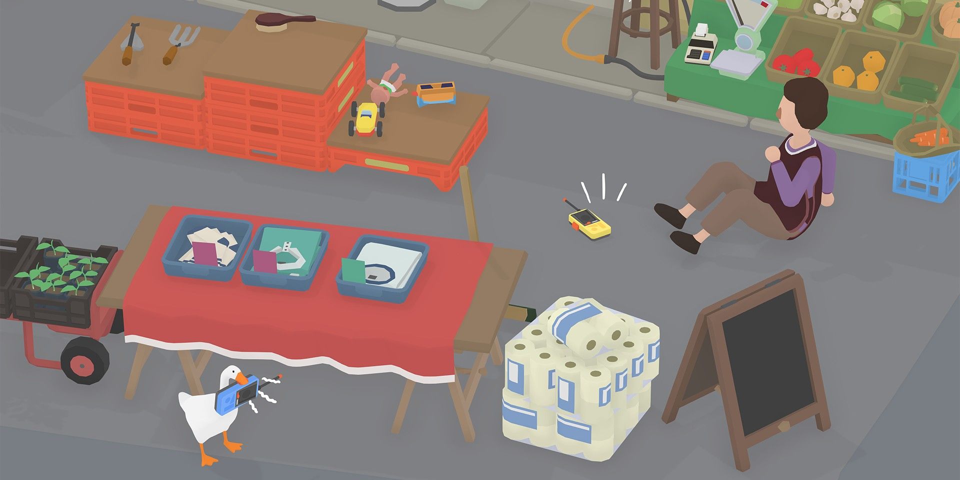 The goose taunts the shopkeep with a walkie-talkie in Untitled Goose Game