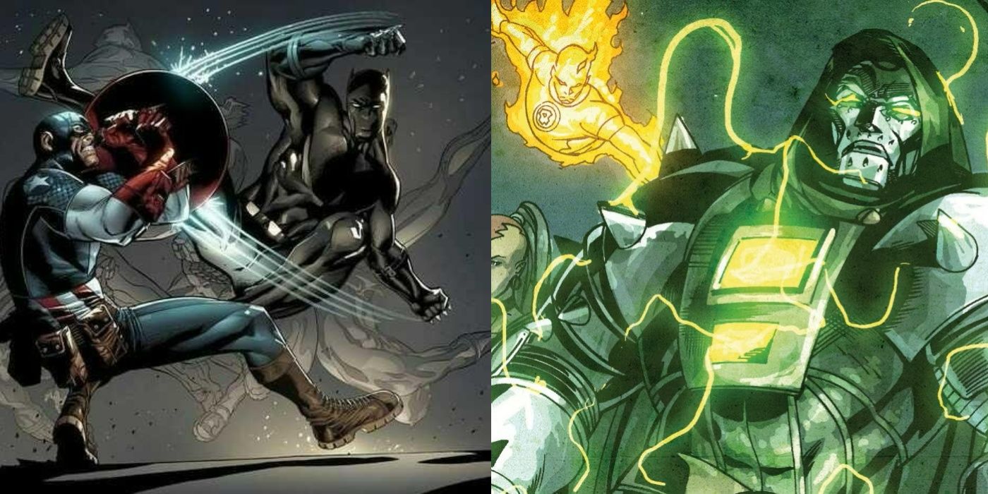 Split image featuring Black Panther fighting Captain America, and Doctor Doom using Vibranium