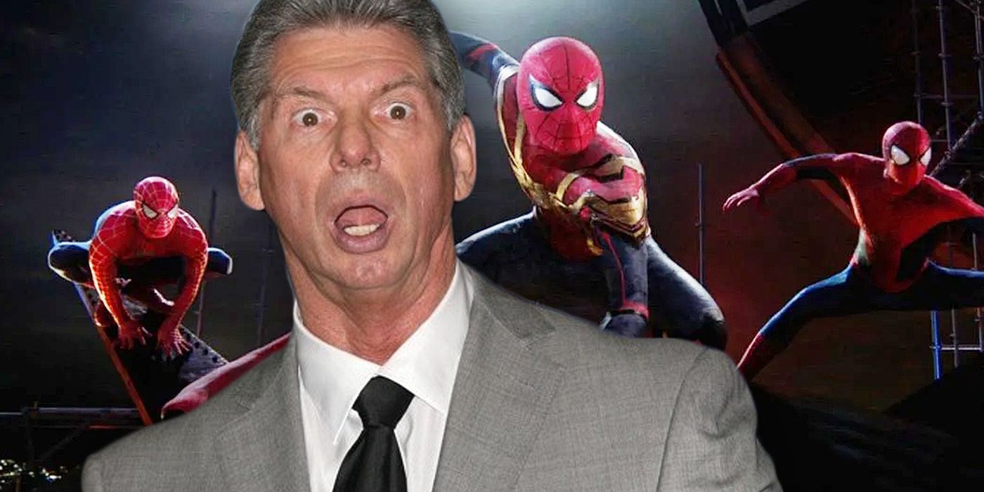 Vince McMahon looking shocked in front of Spider-Man: No Way Home's Peters.