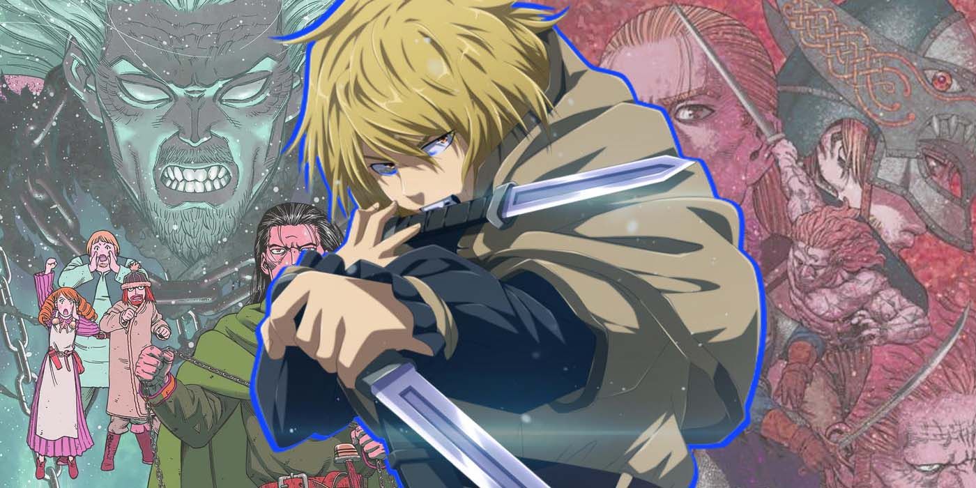 An image of Thorfinn with two daggers is placed in front of Vinland Saga manga covers