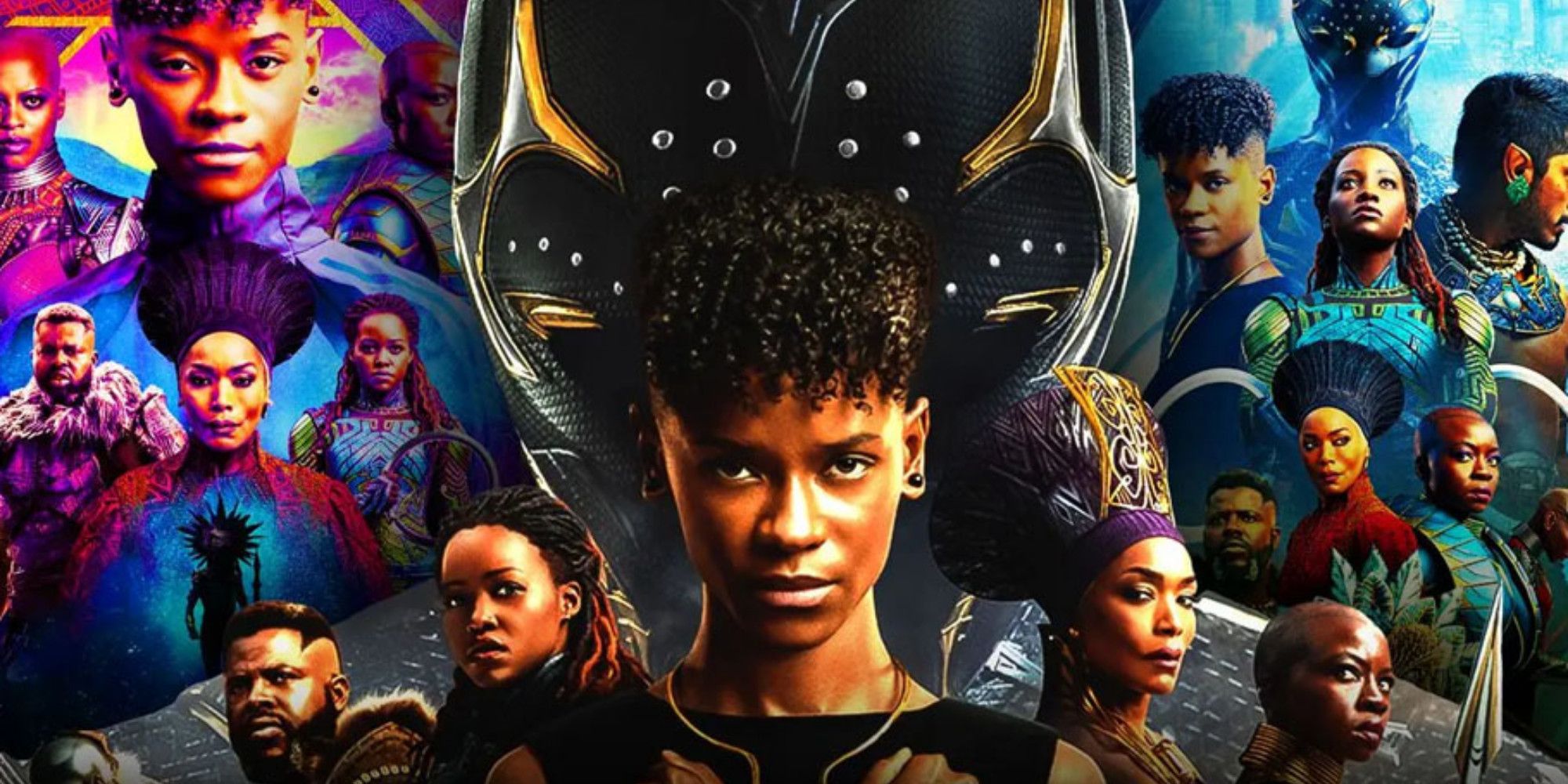 The cast of Black Panther: Wakanda Forever, including Letitia Wright, Lupita Nyong'o, & Angela Bassett, stand united