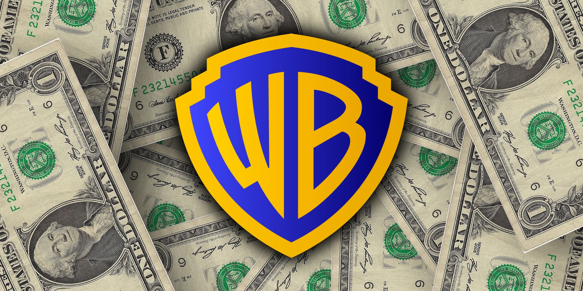 Warner Bros Discovery logo with American dollar bills.