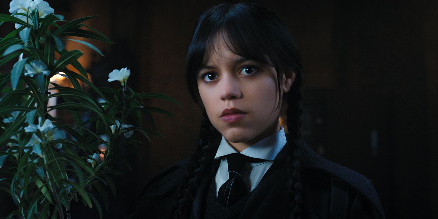 Jenna Ortega looks straight ahead as Wednesday Addams in Tim Burton's Wednesday