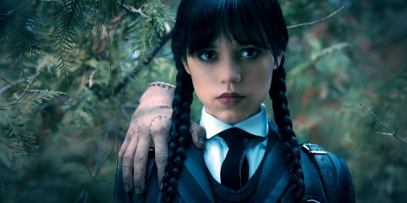 Jenna Ortega as Wednesday Addams with Thing on her shoulder