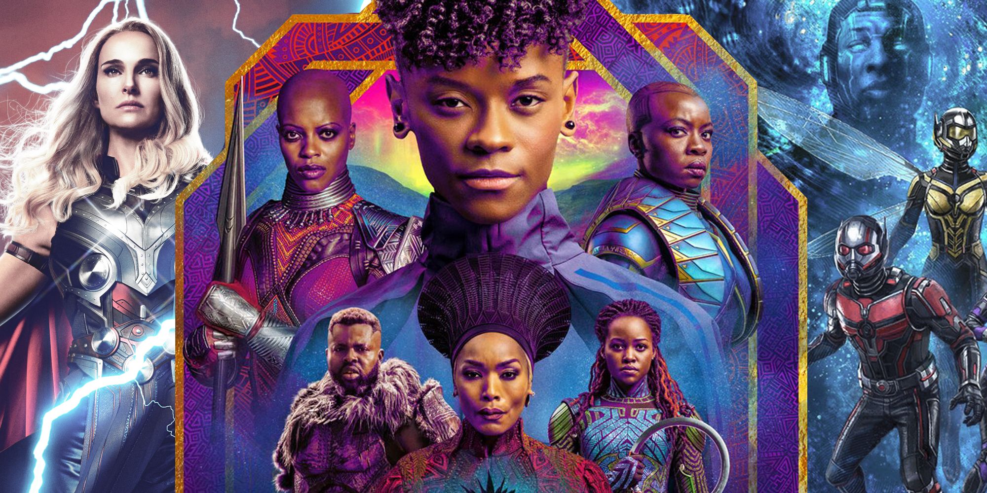 Black Panther: Wakanda Forever poster overlaid on top of the posters for Thor: Love and Thunder and Ant-Man and the Wasp: Quantumania