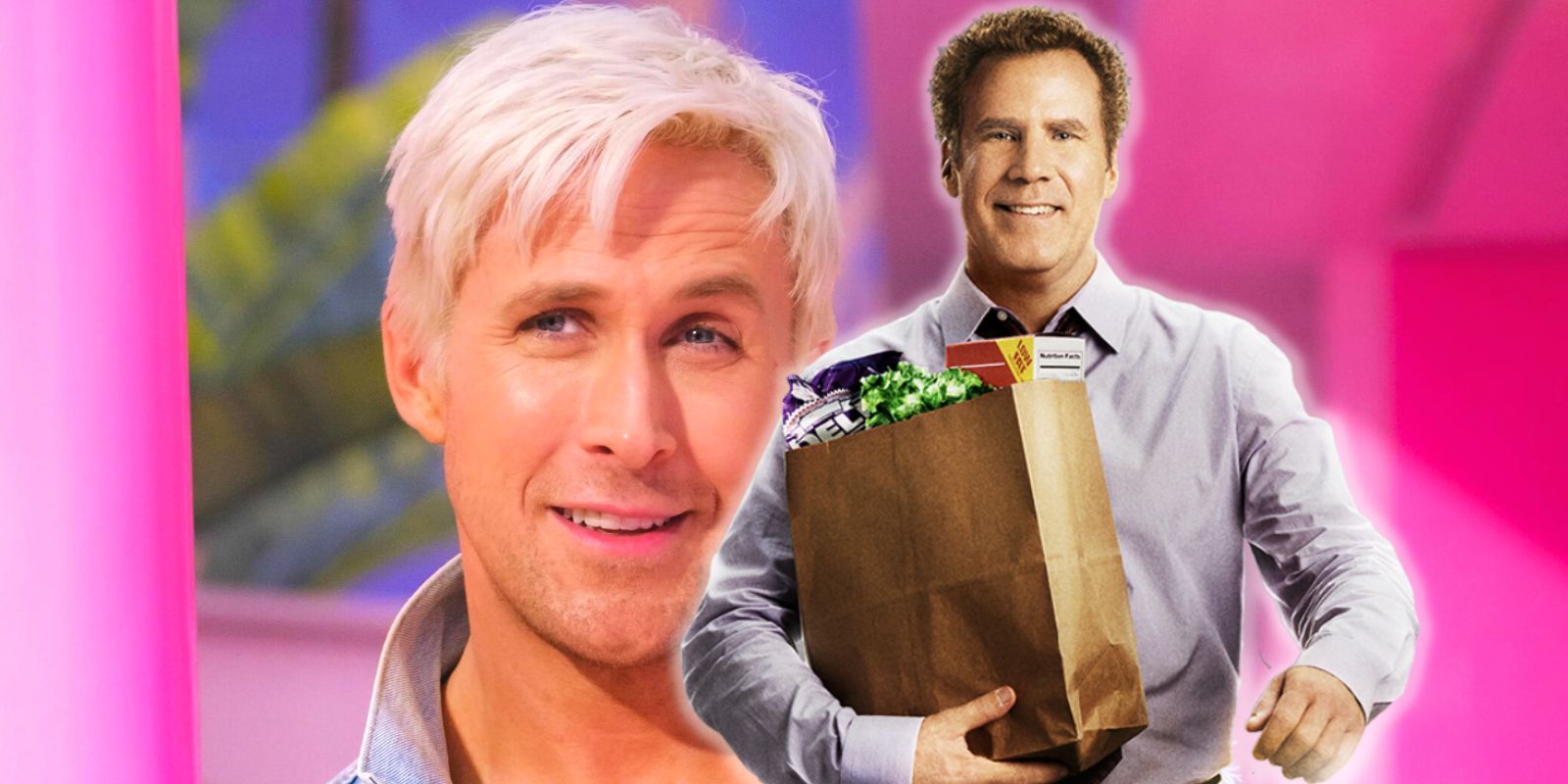 A bleach-blond Ryan Gosling smiling alongside Will Ferrell, holding a paper bag filled with groceries
