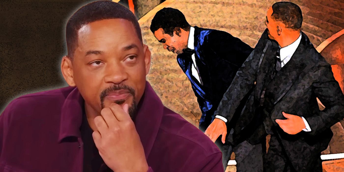 Will Smith on the Daily Show in front of an image of his Oscar slap of Chris Rock.