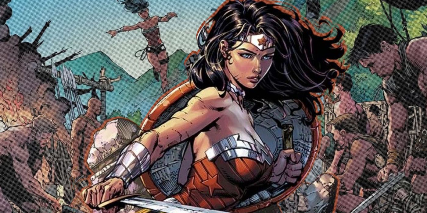 DC Comics' Wonder Woman standing with her sword on the battle field