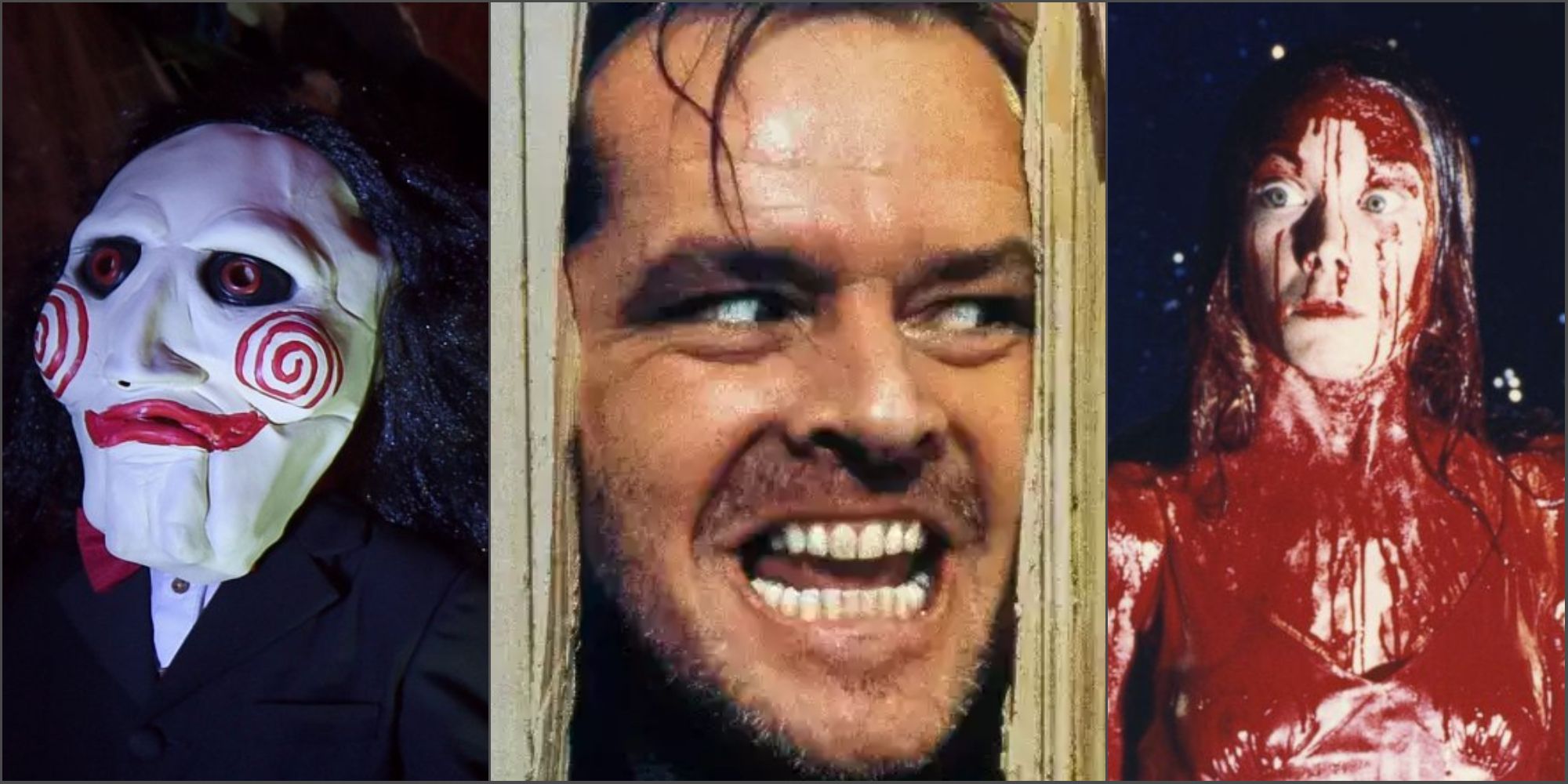 Horror movies: The Jigsaw puppet from Saw, Jack Torrance from The Shining, and Carrie from Carrie