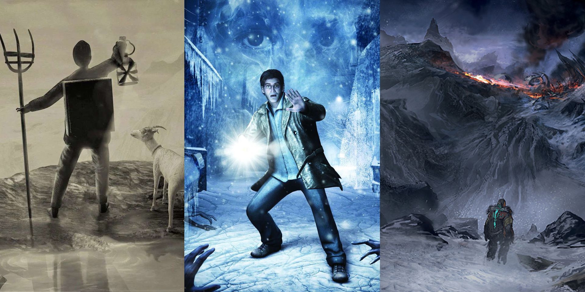 A split image of art from Mundaun, Silent Hill Memories, and Until Dawn