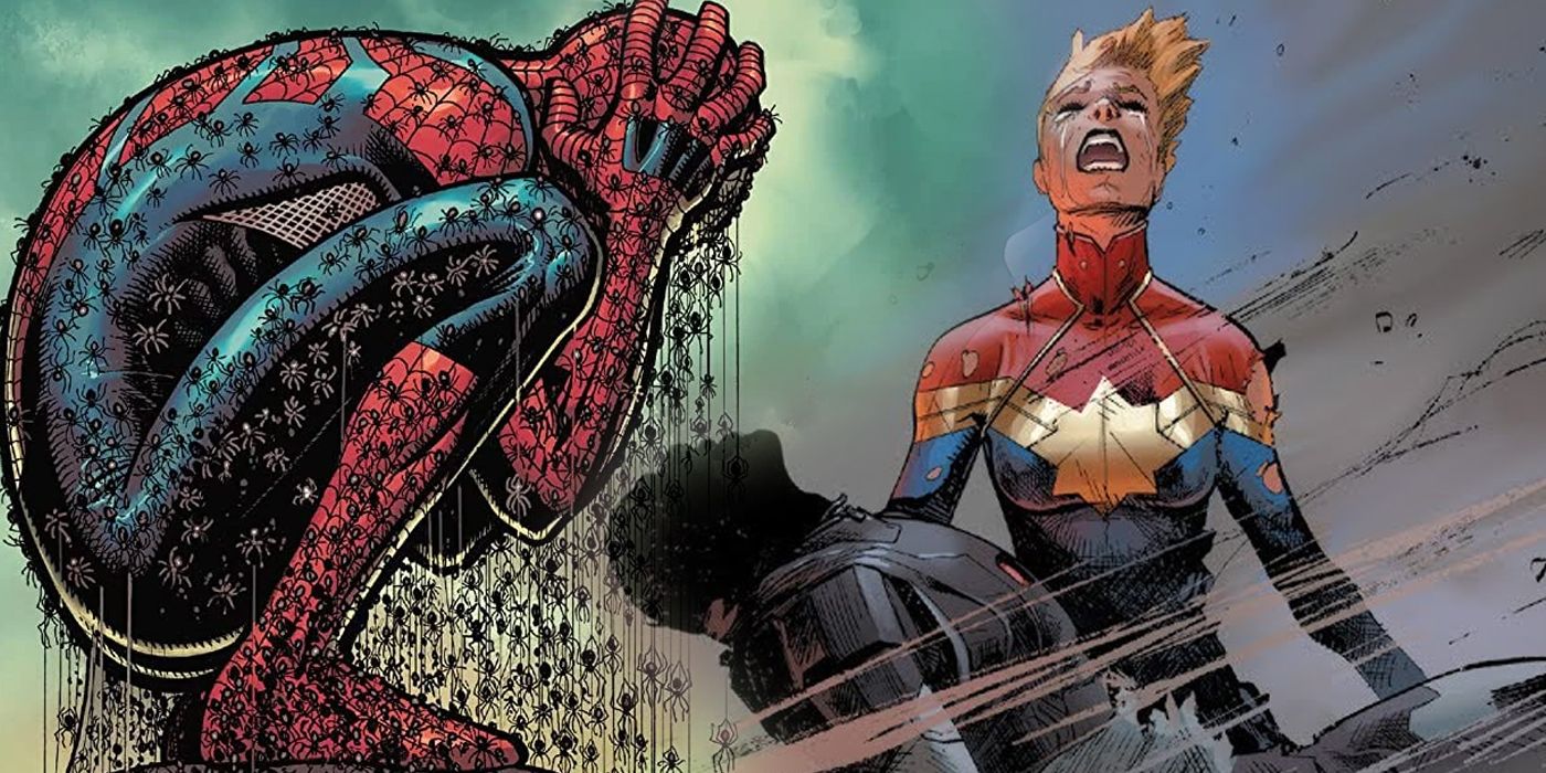 Spider-Man and Captain Marvel reacting to rough situations split image