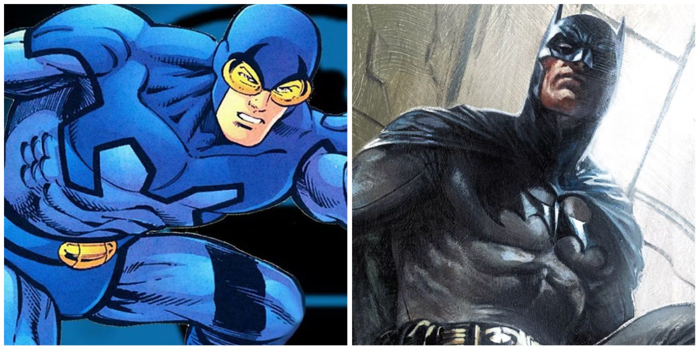 Split image of Blue Beetle and Batman