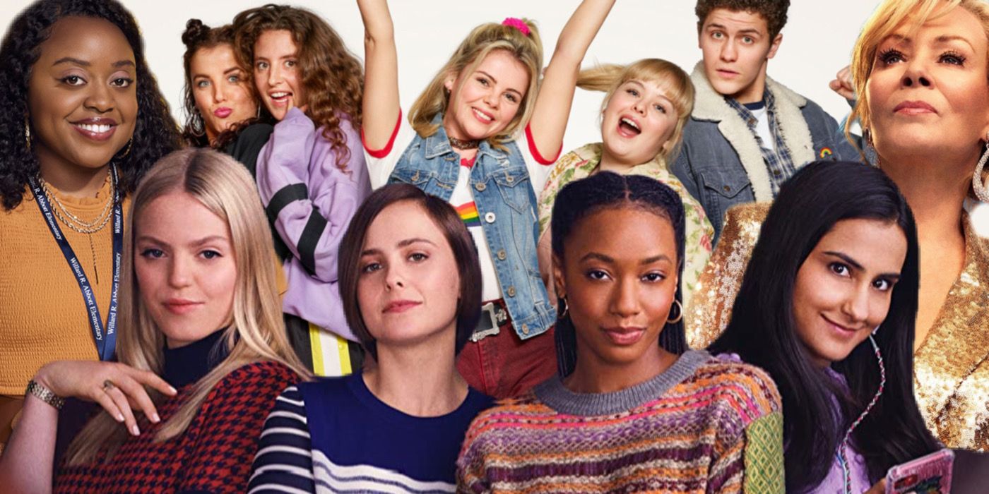 A combined image of female-led comedies: Abbott Elementary, Derry Girls, Hacks, and The Sex Lives of College Roommates