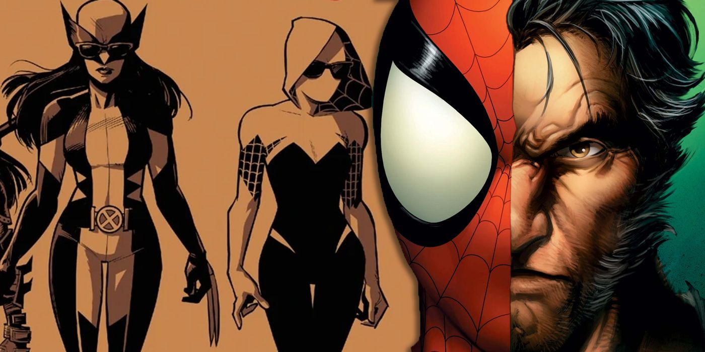 X-23 and Ghost Spider with Spider-Man and Wolverine split image