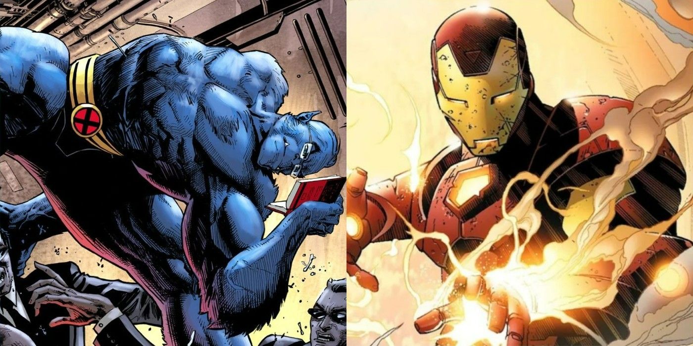 A split image of Beast and Iron Man from Marvel Comics