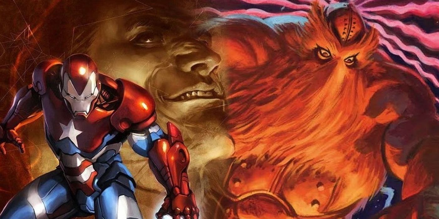 Norman Osborn as the Iron Patriot and Xemnu the Living Titan split image