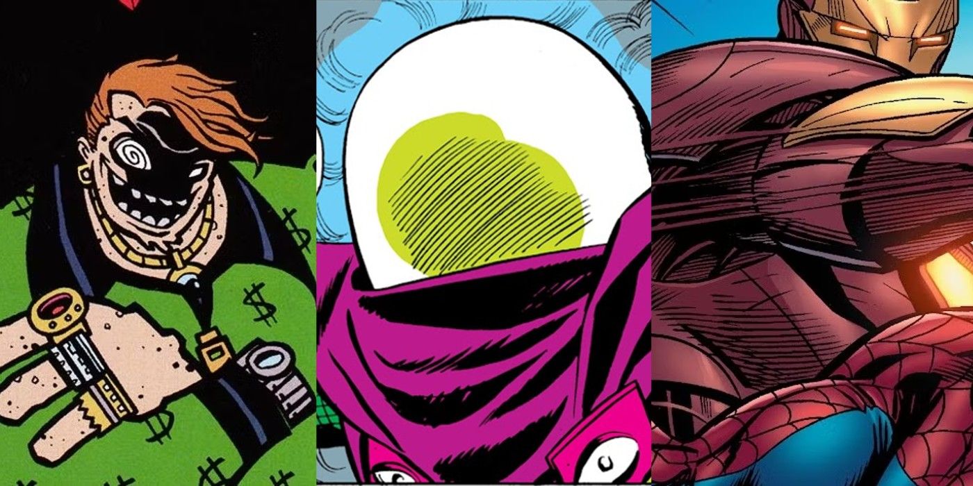split image of Sandman, Mysterio and Iron Man from Marvel Comics
