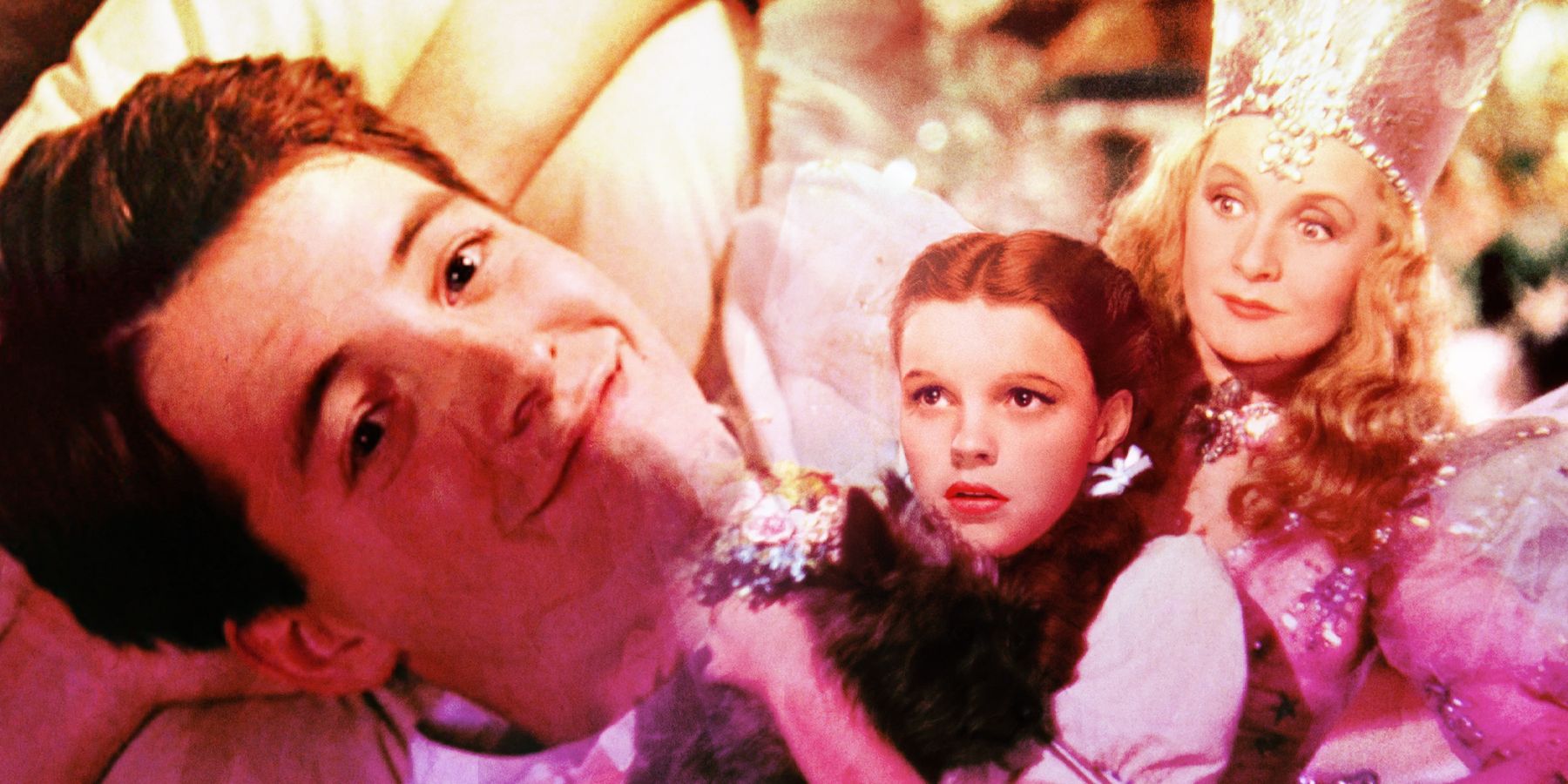 A split image of ferris beuller and dorthoy with the good witch glinda