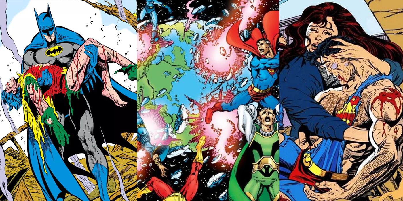 A split image of The Death In The Family, Crisis On Infinite Earths, and The Death Of Superman in DC comics