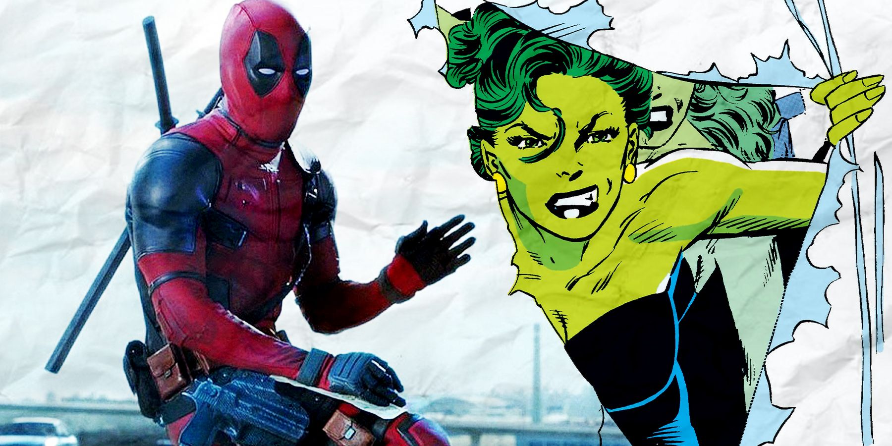 Deadpool waving as she-hulk tears through a comic panel