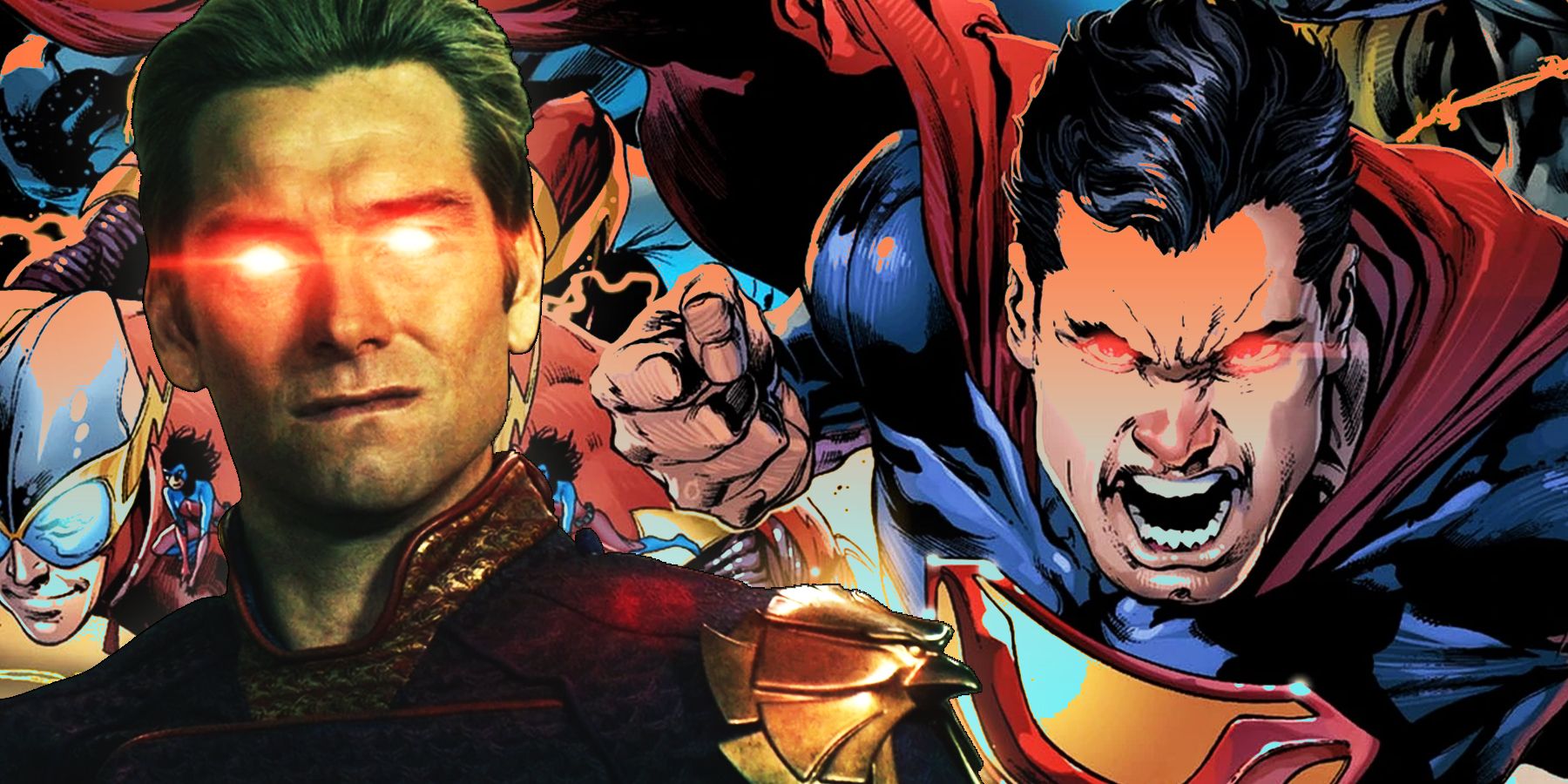 A collage of Homelander and a raging Superman who both have their heat vision powering up