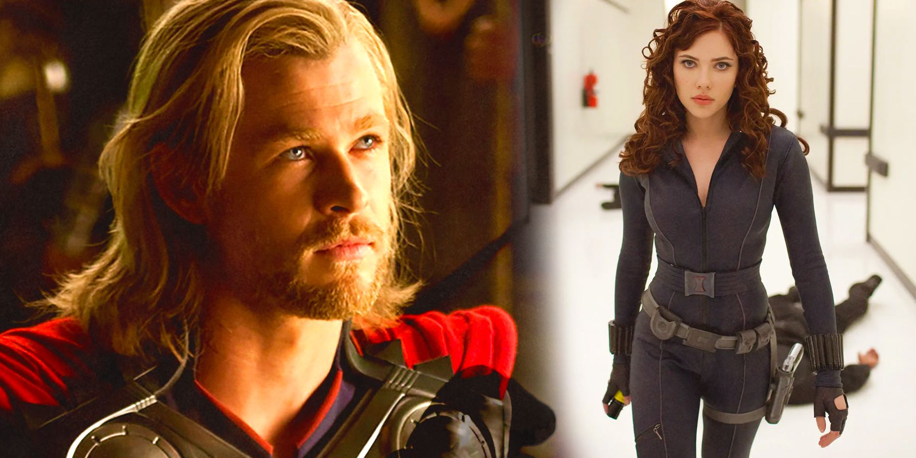 Split Image of Thor (Chris Hemsworth) looking prideful and Black Widow (Scarlett Johanson) walking down a white hallway in the MCU.