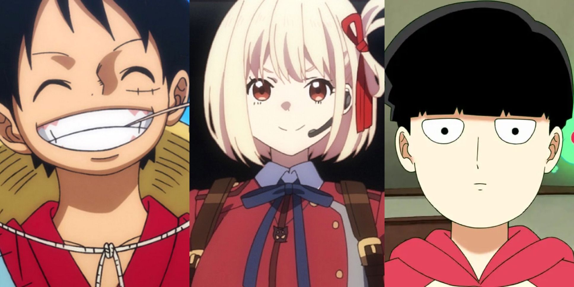 Luffy from one piece, Chisato from Lycoris recoil, mob from mob psycho 100