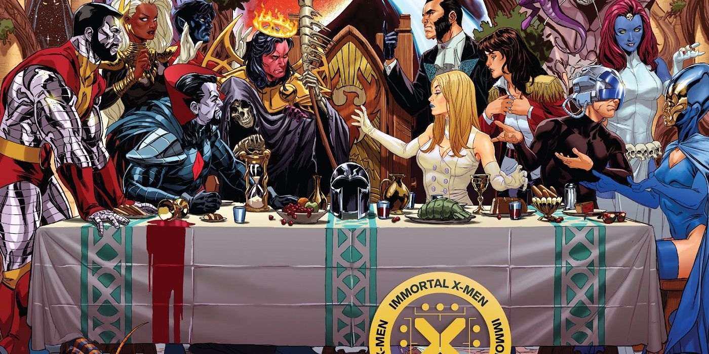 The Quiet Council gathers around a banquet table on the cover for Immortal X-Men