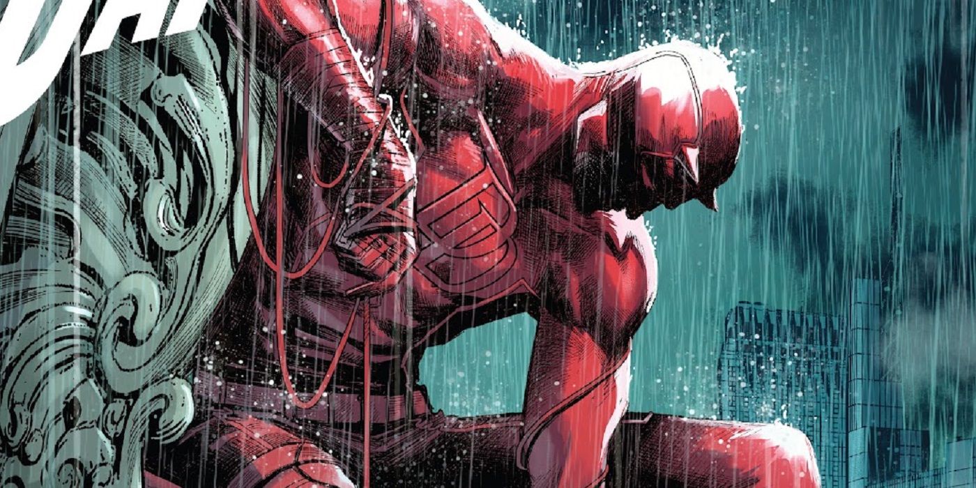 Daredevil on a rooftop in the rain in Marvel Comics
