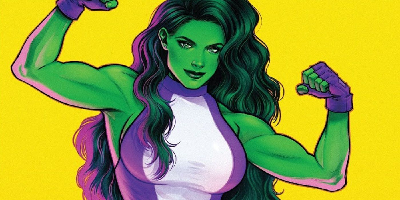 She-Hulk in a one-piece, flexing her muscles in Marvel Comics.