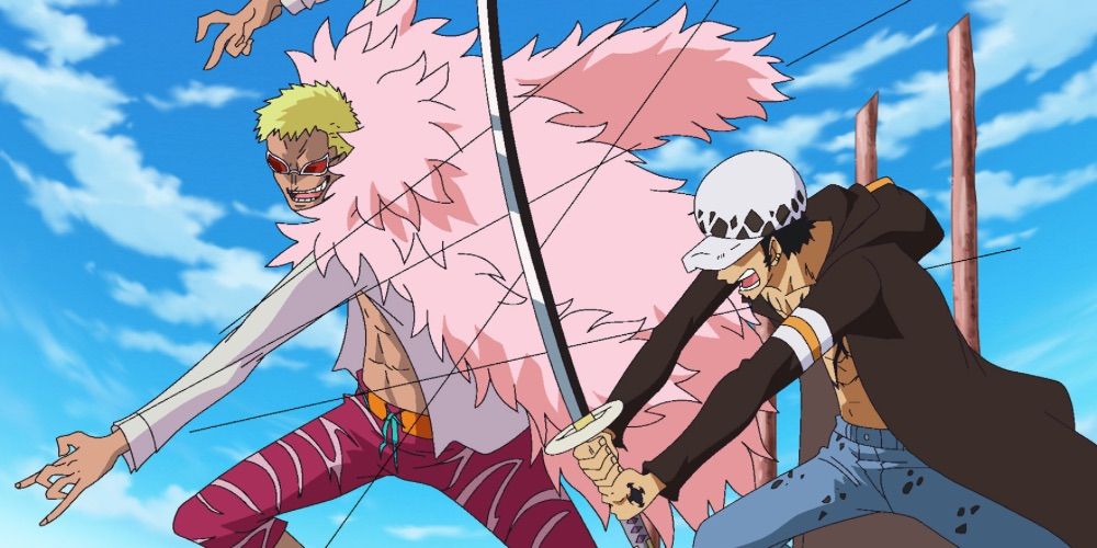 Doflamingo using the String-String Fruit Against Law in One PIece