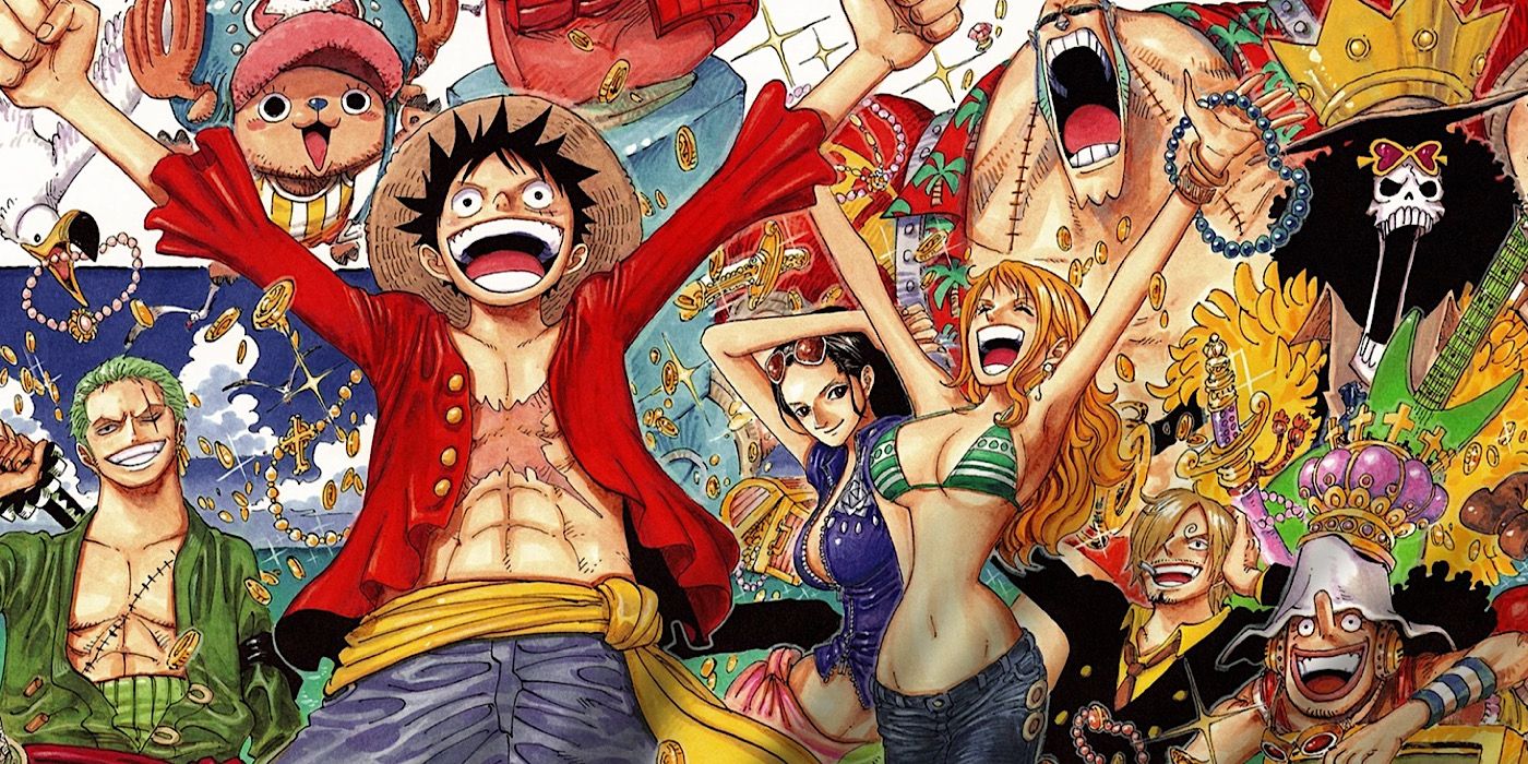 The Straw Hat Pirates celebrating together 