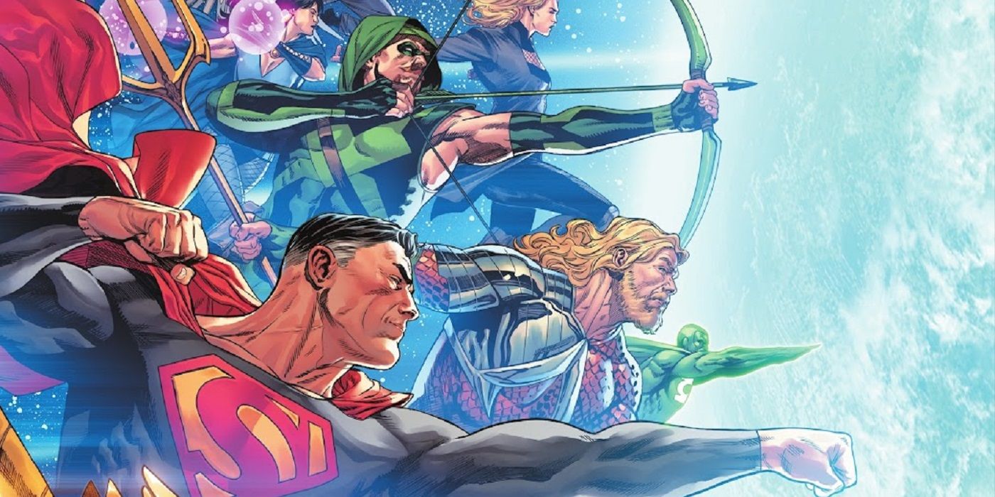 The heroes flying forward in DC Comics' Dark Crisis on Infinite Earths