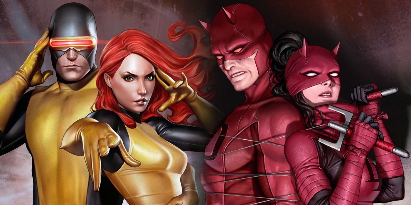 Cyclops and Jean Grey and Daredevil and Elektra split image