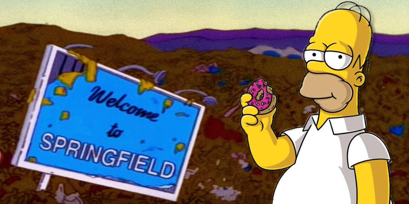Homer Simpson eating a donut with a destroyed Springfield behind him from The Simpsons