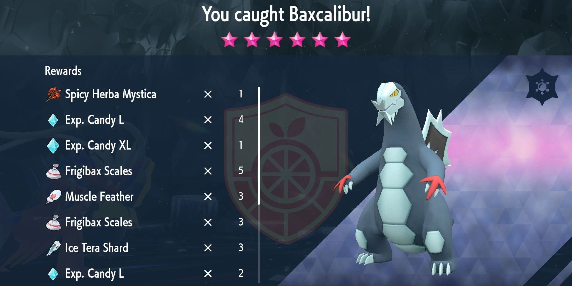 The rewards received for completing a 6-star Baxcalibur Tera raid in Pokemon Scarlet & Violet.