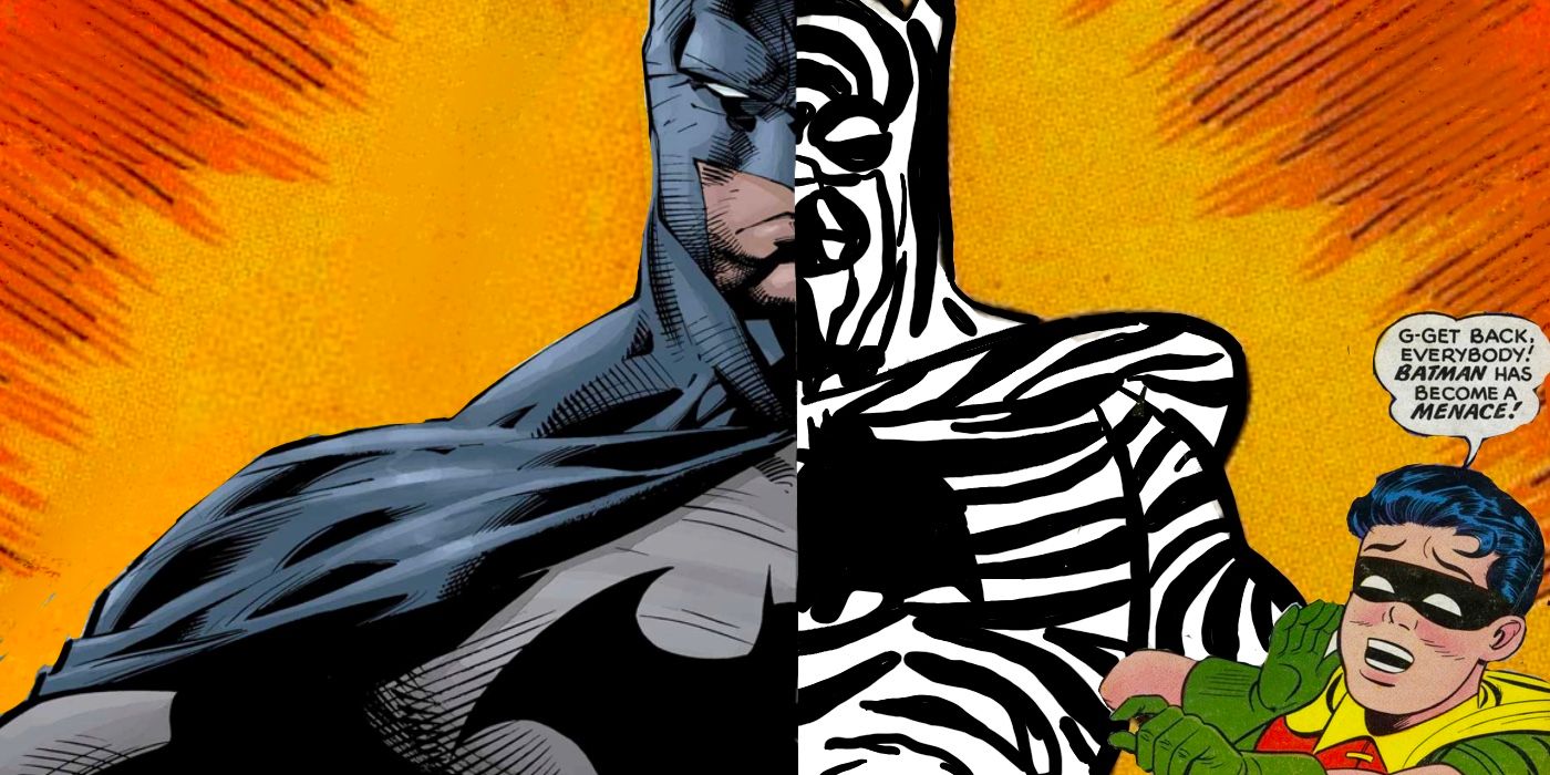 Split image of Batman half in his traditional suit and half in his zebra suit, with Robin speaking in the foreground 
