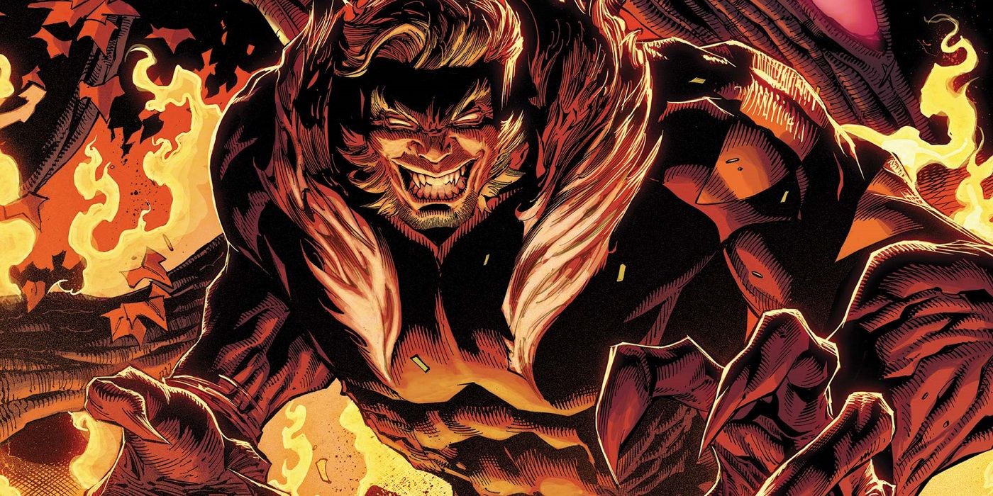 Sabretooth with an evil smile, wreathed in flames in Marvel Comics.