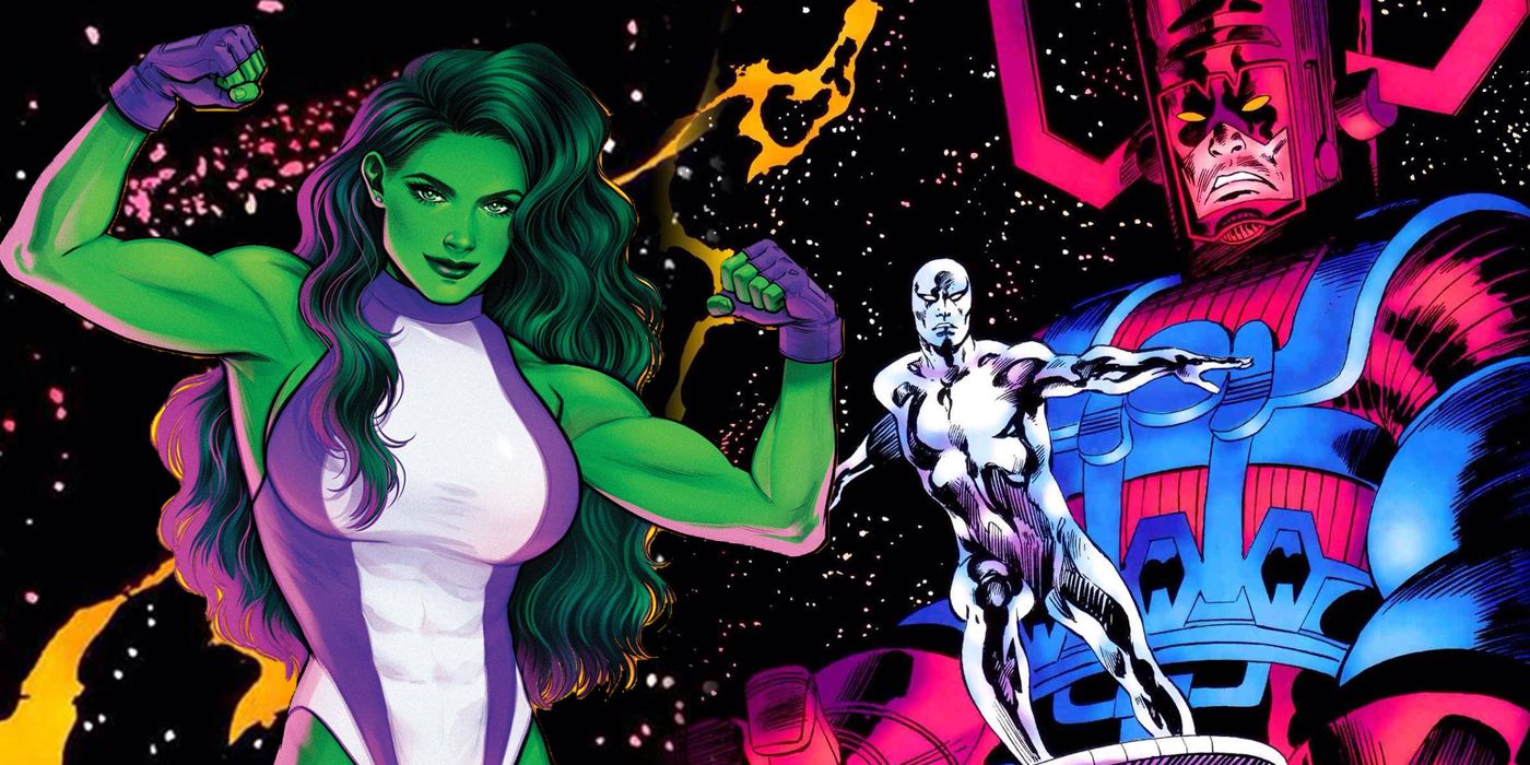 She-Hulk, Silver Surfer and Galactus split image