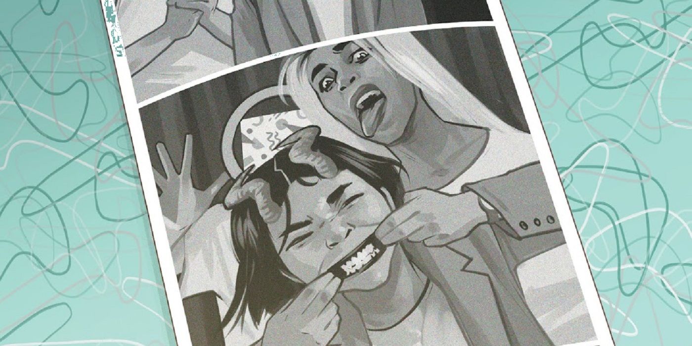 A panel of two characters taking a selfie in Saga