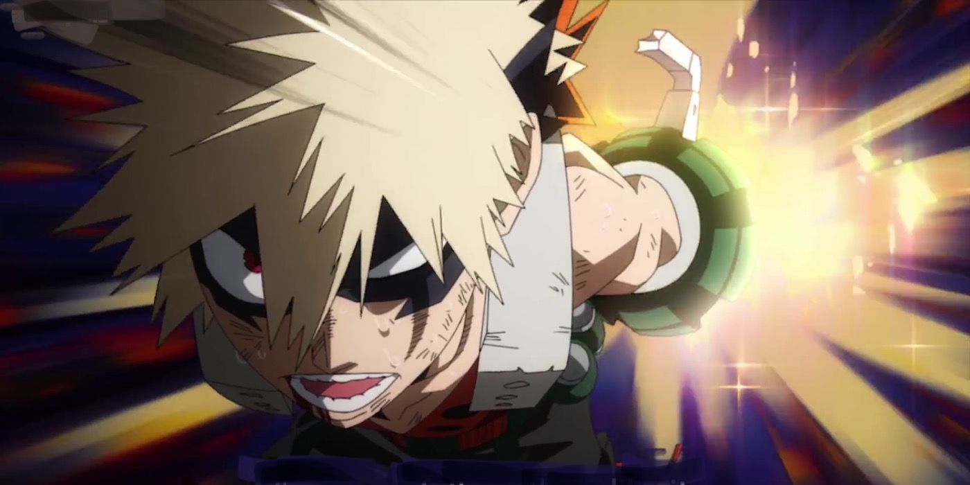 Bakugo speeding towards the camera with a trail of technicolor explosions behind him