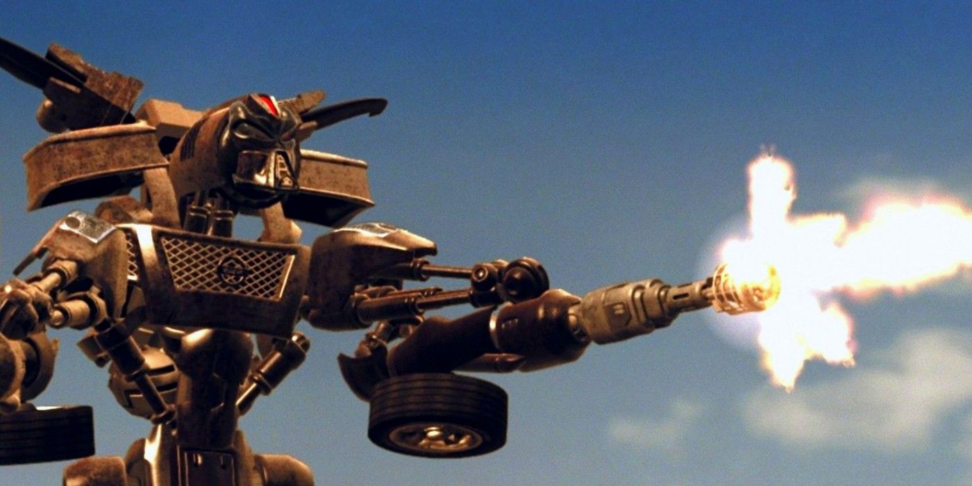 A giant robot in Transmorphers shooting an enemy