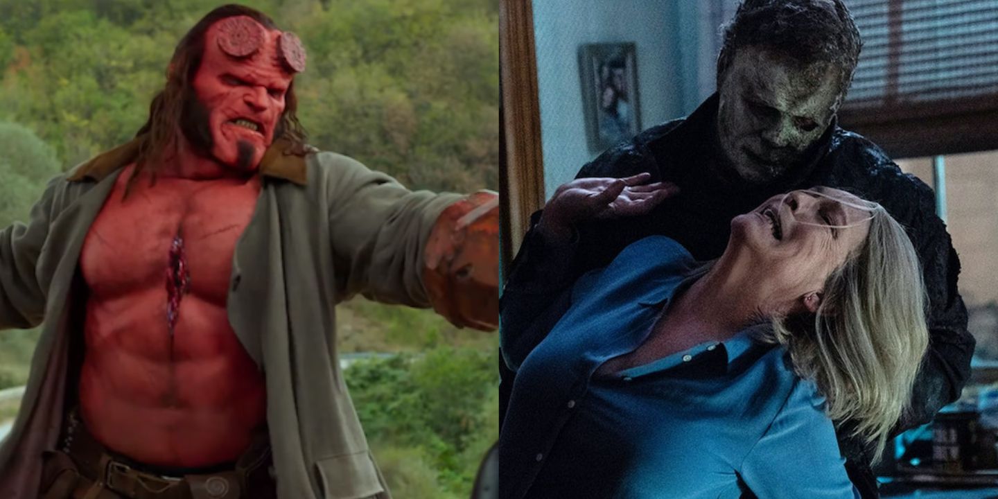 A split image from The Hellboy reboot and Laurie and Michael in Halloween Ends