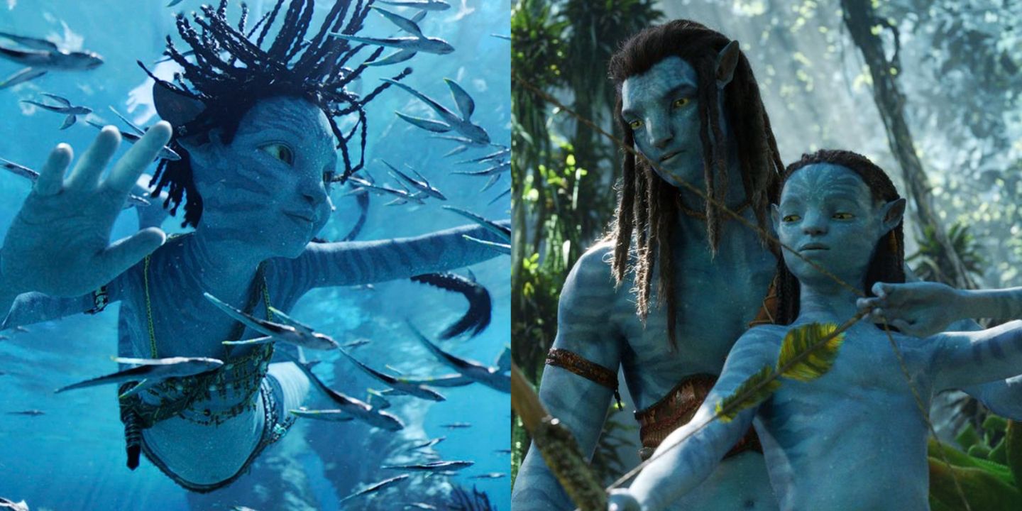 A split image of a Na'vi child and Jake in Avatar: The Way of Water
