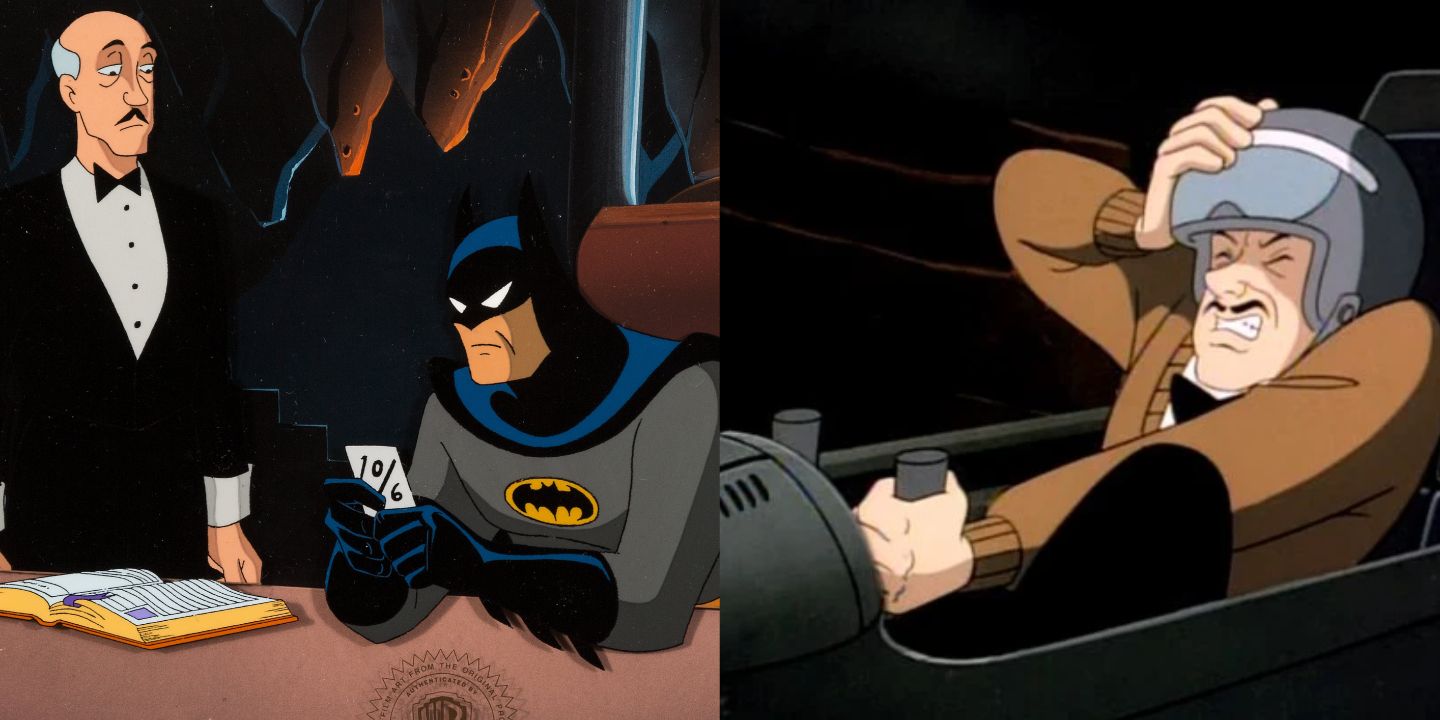 A split image of Alfred Pennyworth and Batman in Batman: The Animated Series