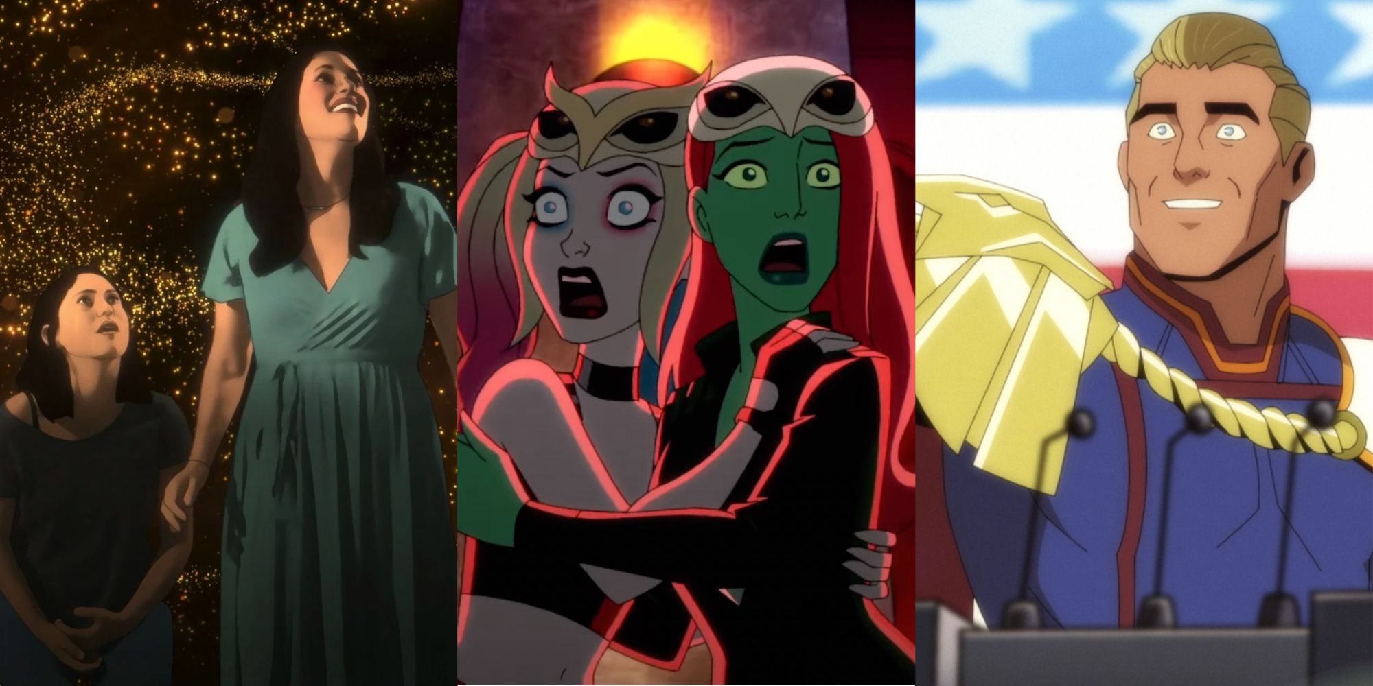 A split image of Alma and Becca in Undone, Harley and Poison Ivy in Harley Quinn, and Homelander in The Boys Presents: Diabolical