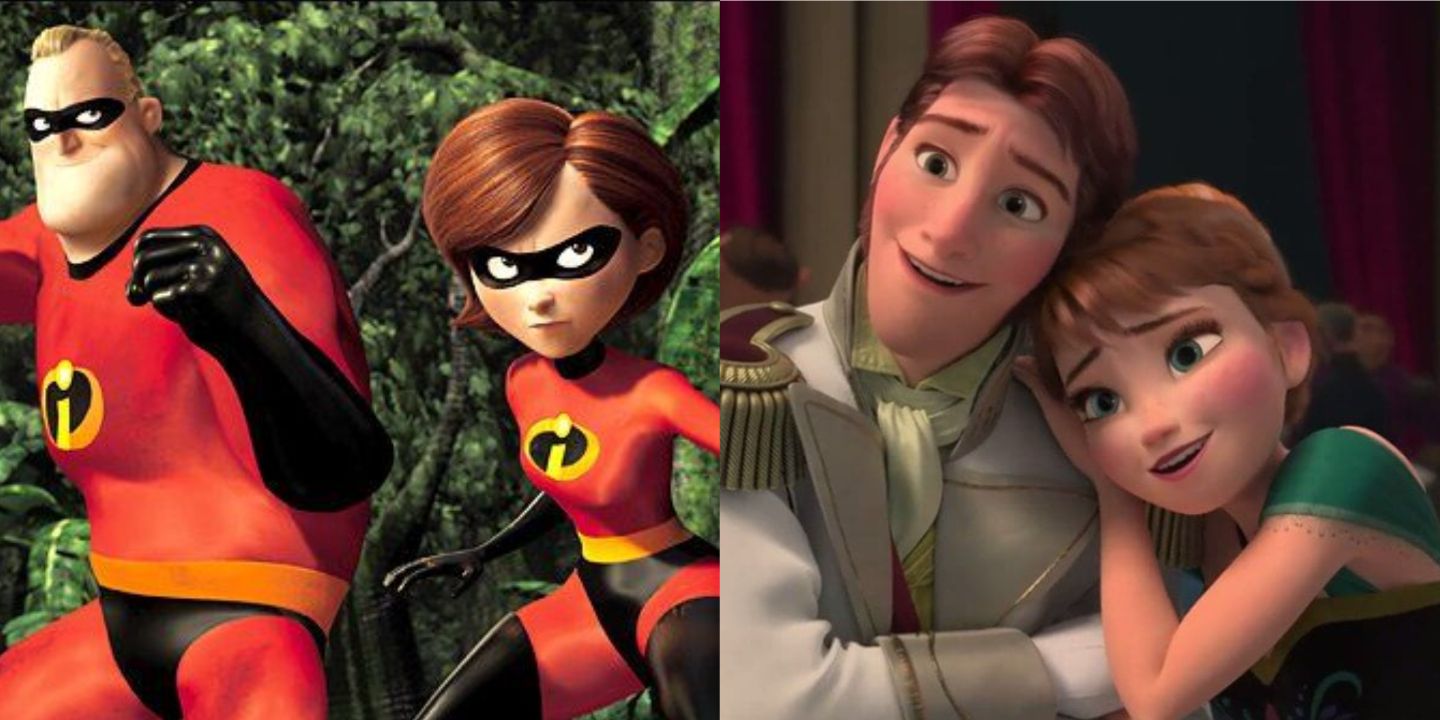A split image of Bob and Helen Parr in The Incredibles and Hans and Anna in Frozen