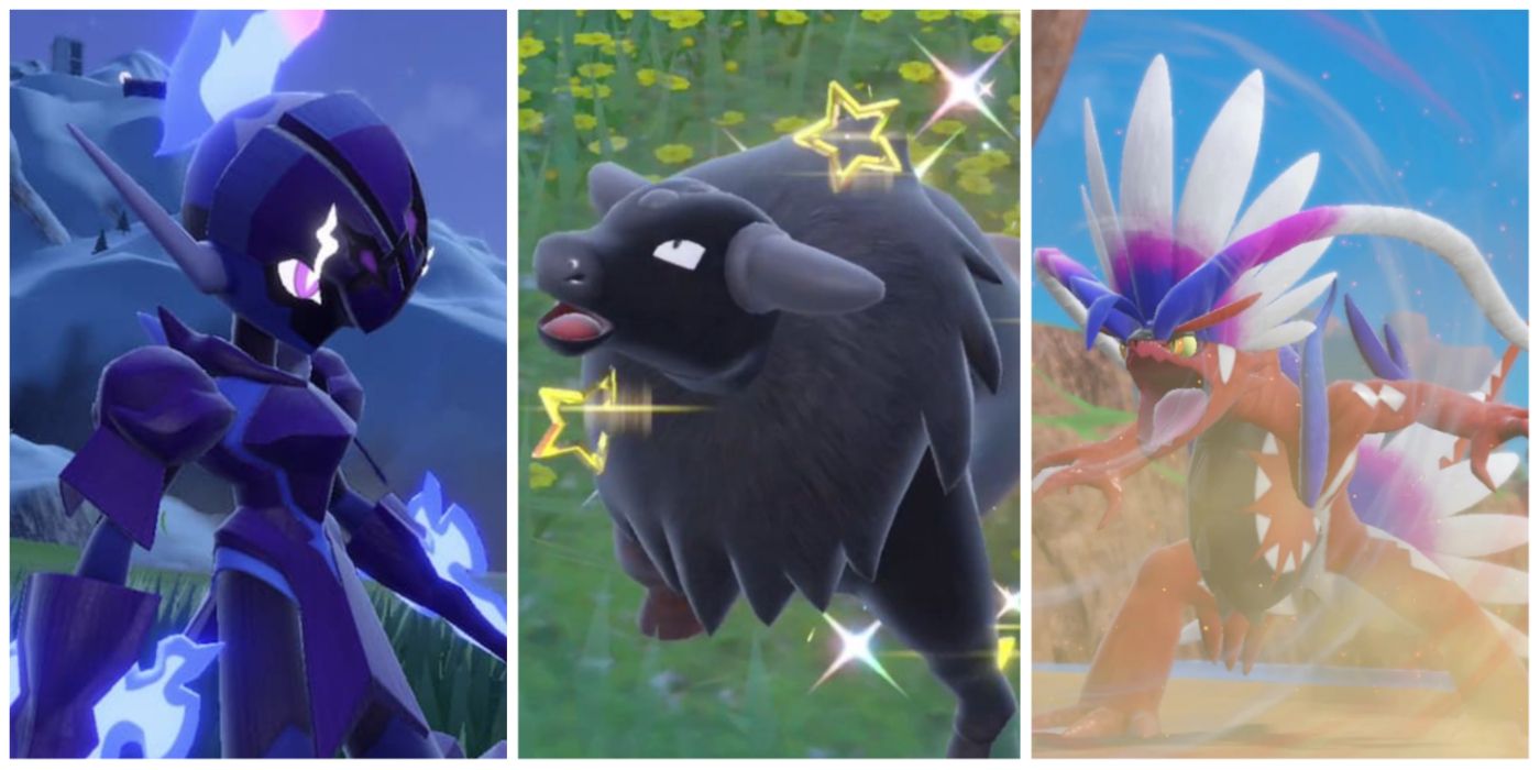 A split image of Ceruledge, Palean Tauros, and Miraidon from Pokemon Scarlet and Violet