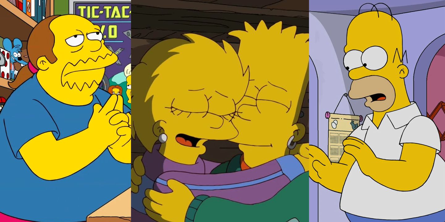 A split image of Comic Book Guy, Lisa, Bart, and Homer in The Simpsons